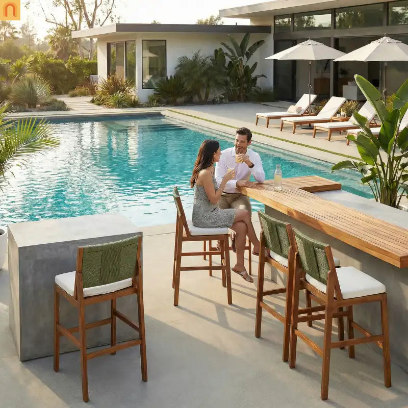 Outdoor Bar Stool Acacia Wood Wicker Green Cream Cushion Set of 4