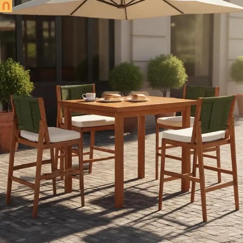Outdoor Bar Stool Acacia Wood Wicker Green Cream Cushion Set of 4