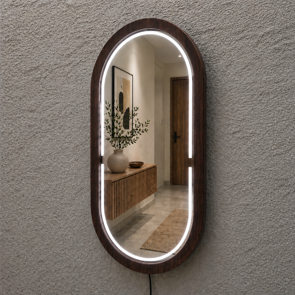 Handmade Beech Wood Framed LED Capsule Mirror Dimmable Lighted Wall Mirror
