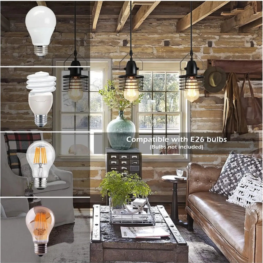 Pendant Light Kitchen Island – Industrial Black Metal Cage Fixture
