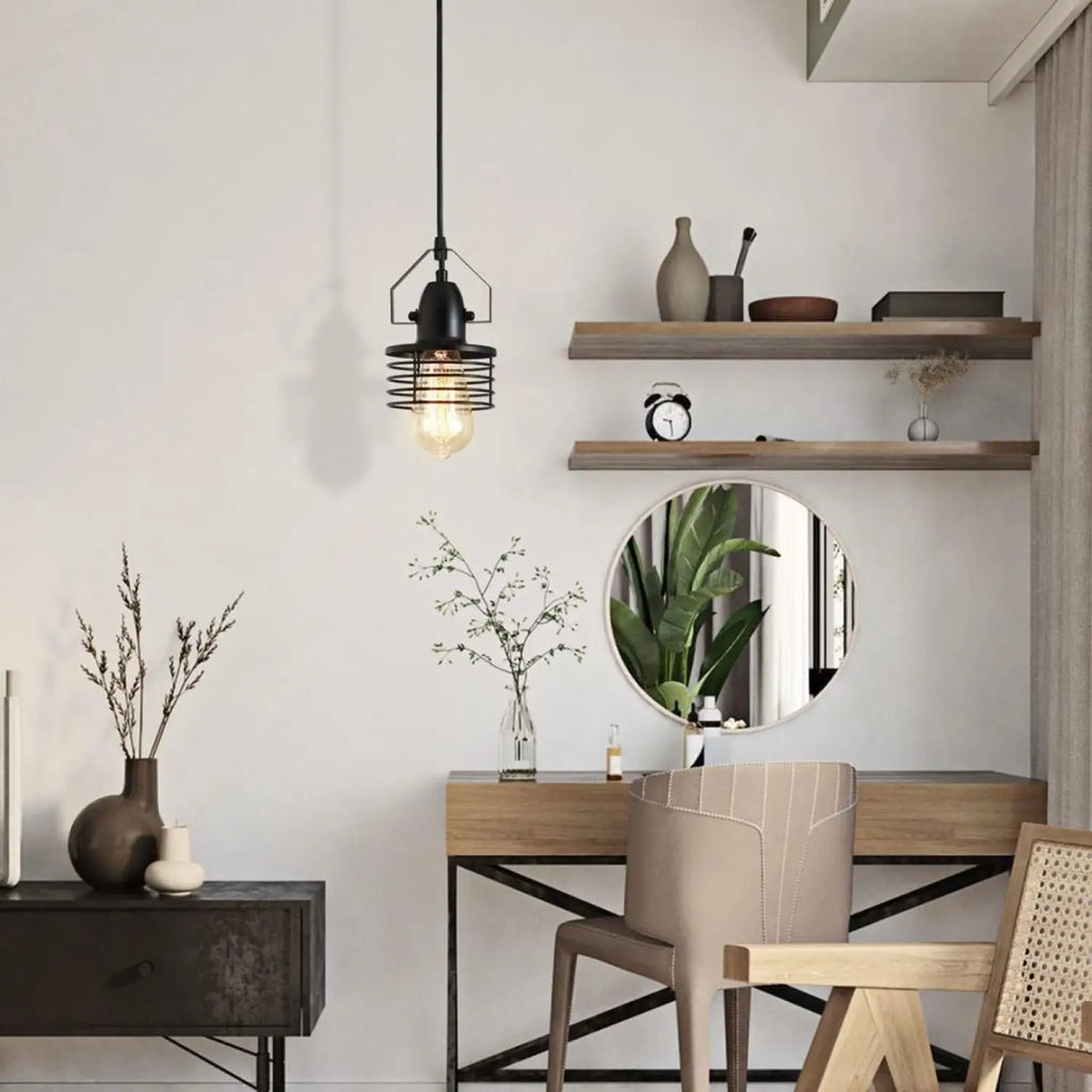 Pendant Light Kitchen Island – Industrial Black Metal Cage Fixture