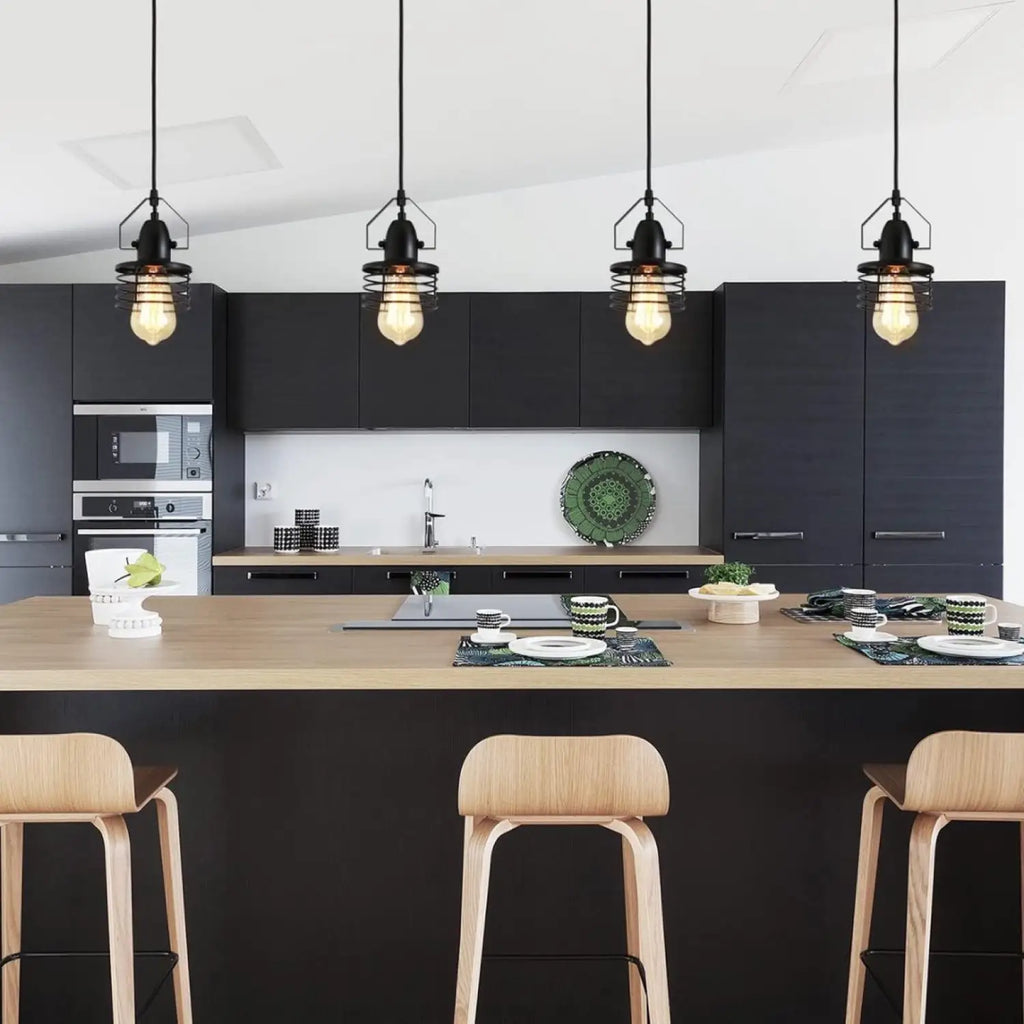 Pendant Light Kitchen Island – Industrial Black Metal Cage Fixture