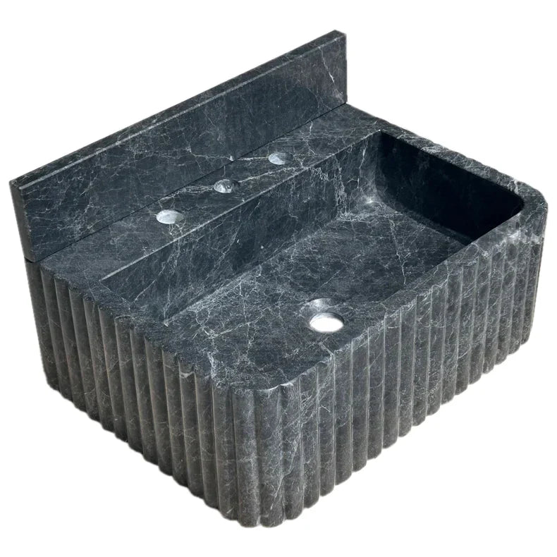 Sirius Black Marble Wall-mount Bathroom Sink Ribbed with 4" Backsplash