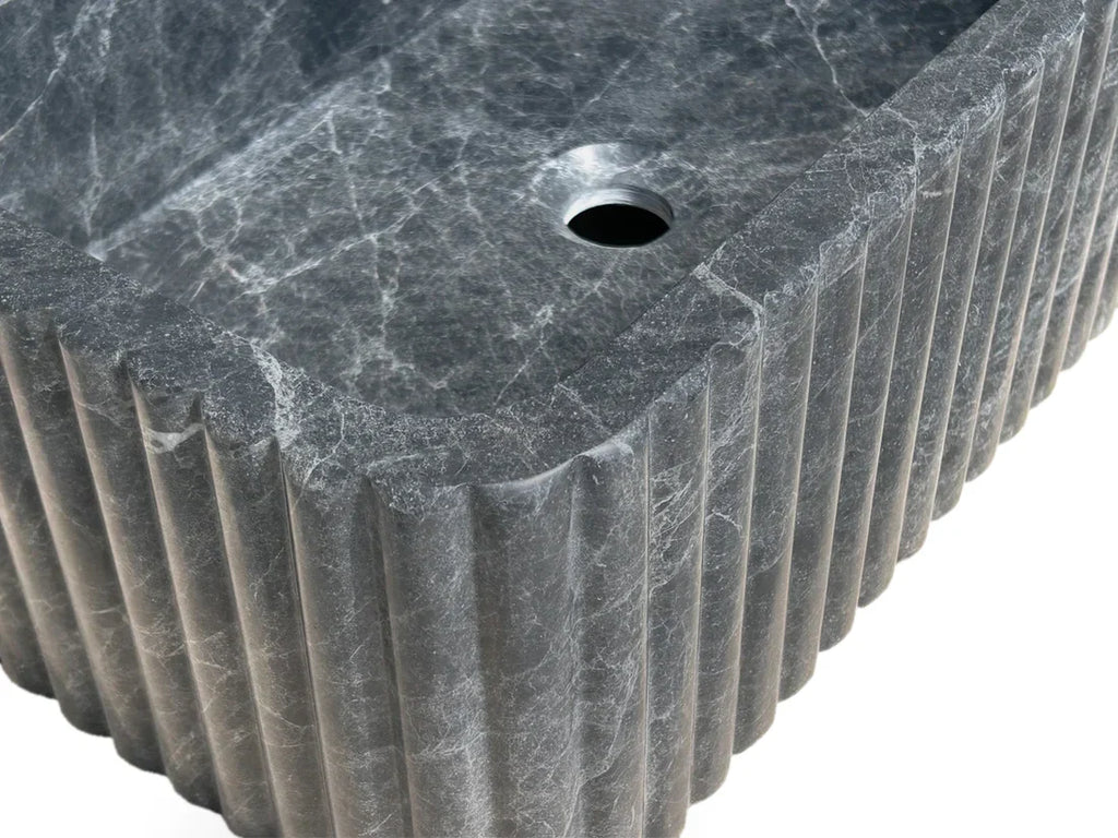 Sirius Black Marble Wall-mount Bathroom Sink Ribbed with 4" Backsplash