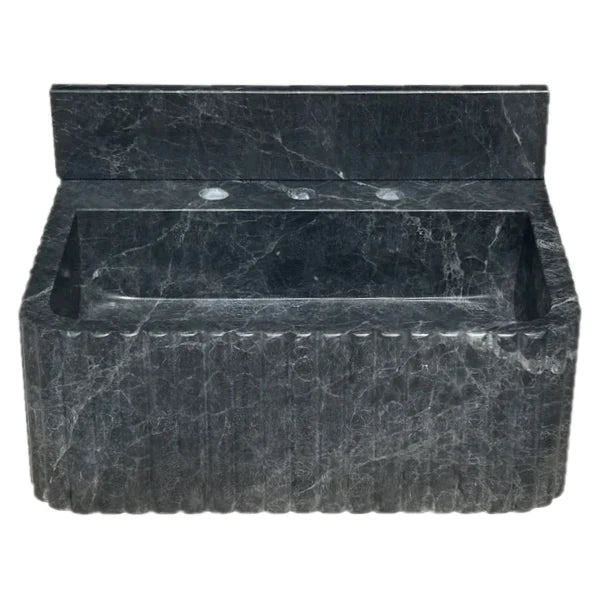 Sirius Black Marble Wall-mount Bathroom Sink Ribbed with 4" Backsplash