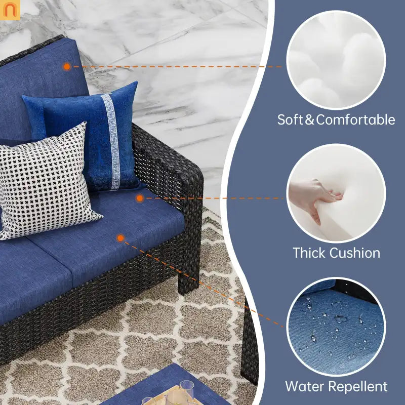 Outdoor Patio Set PE Rattan Dark Coffee Blue Cushions Swivel