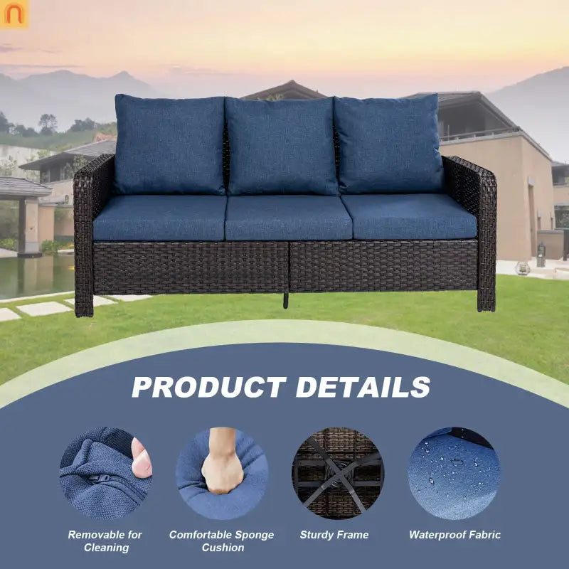 Outdoor Patio Set PE Rattan Dark Coffee Blue Cushions Swivel