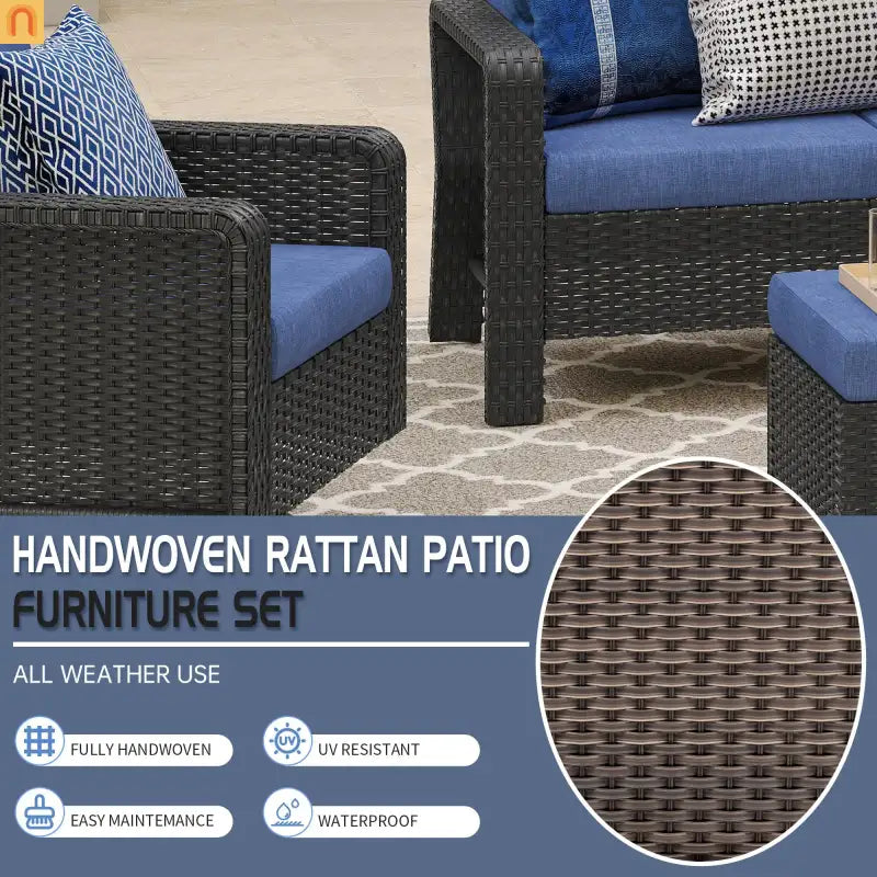 Outdoor Patio Set PE Rattan Dark Coffee Blue Cushions Swivel
