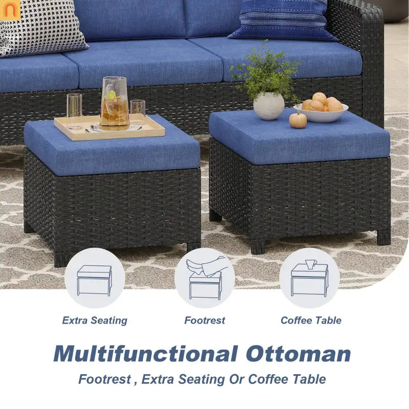 Outdoor Patio Set PE Rattan Dark Coffee Blue Cushions Swivel
