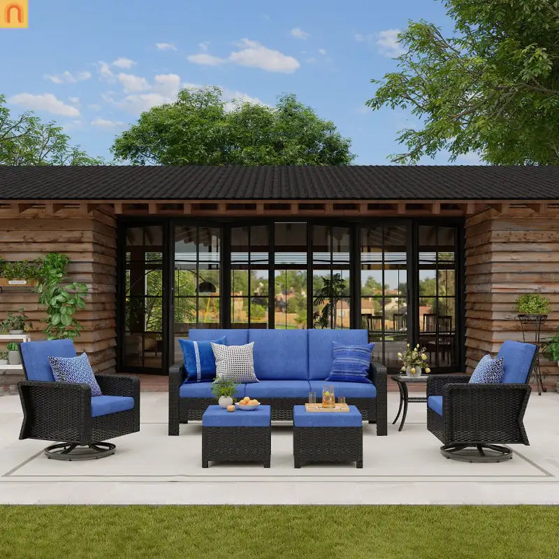 Outdoor Patio Set PE Rattan Dark Coffee Blue Cushions Swivel