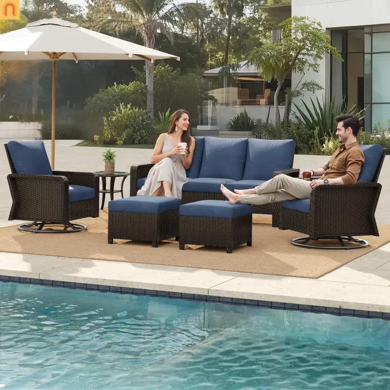 Outdoor Patio Set PE Rattan Dark Coffee Blue Cushions Swivel