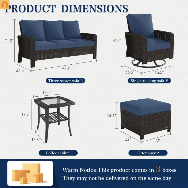 Outdoor Patio Set PE Rattan Dark Coffee Blue Cushions Swivel