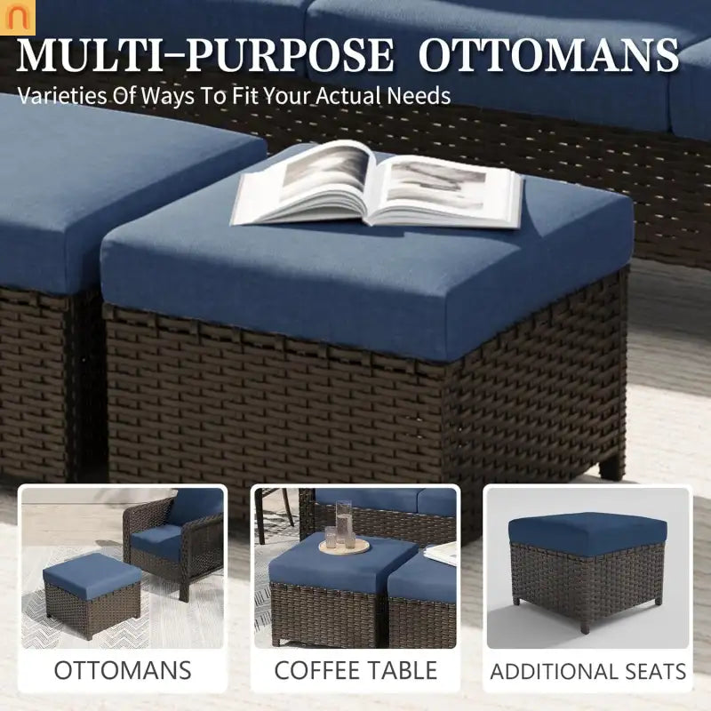 Outdoor Patio Set PE Rattan Dark Coffee Blue Cushions Swivel