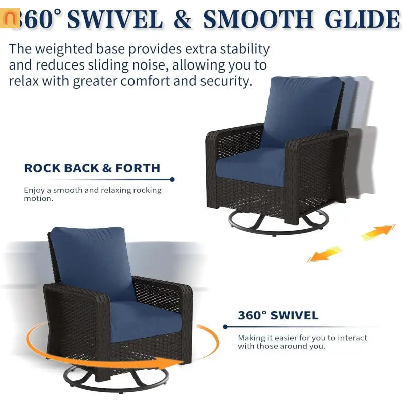 Outdoor Patio Set PE Rattan Dark Coffee Blue Cushions Swivel