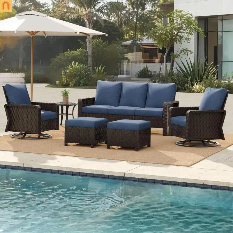 Outdoor Patio Set PE Rattan Dark Coffee Blue Cushions Swivel