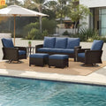 Outdoor Patio Set PE Rattan Dark Coffee Blue Cushions Swivel