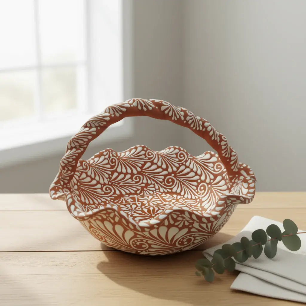 Terracotta & White Talavera Basket | Handmade Ceramic Bowl