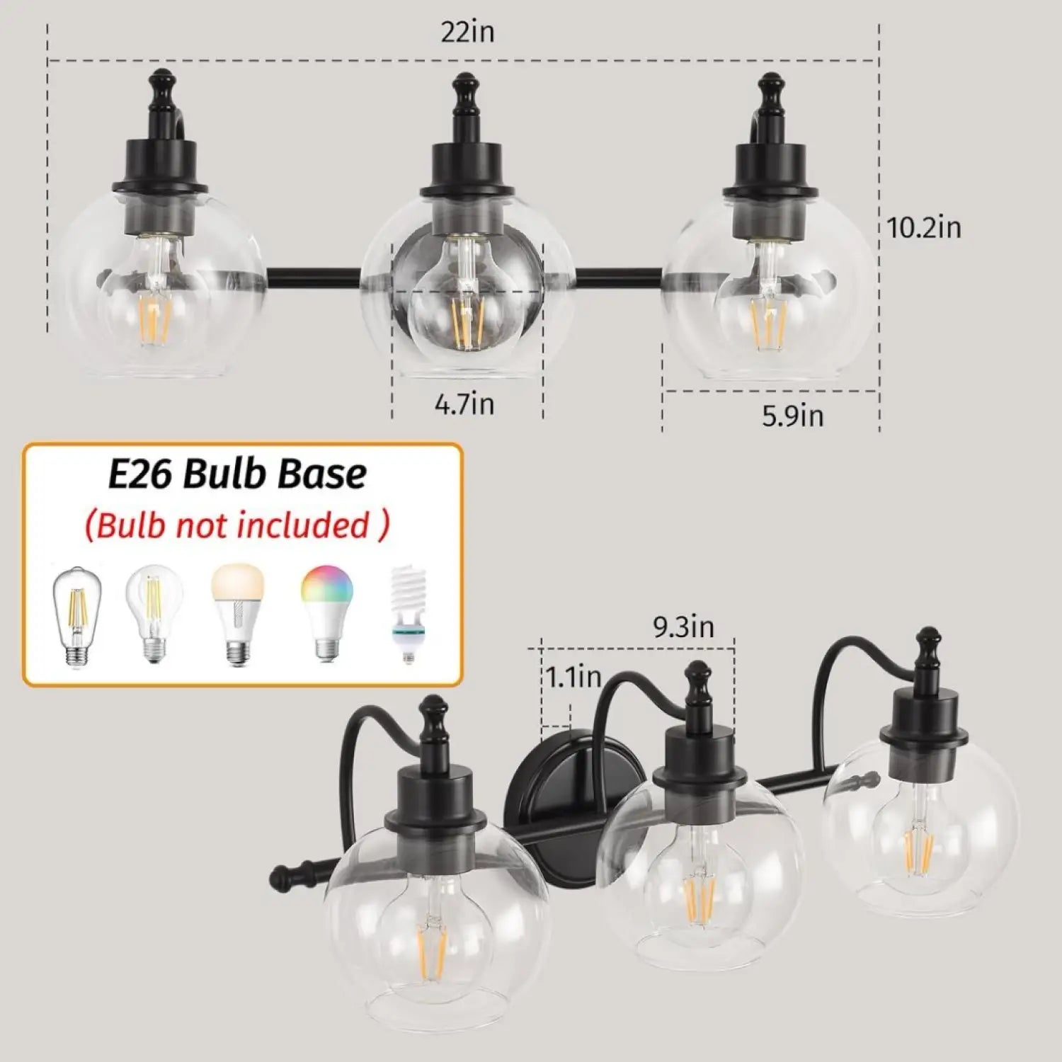 Wall Lights Bedroom Vanity with Glass Shades and E26 Socket